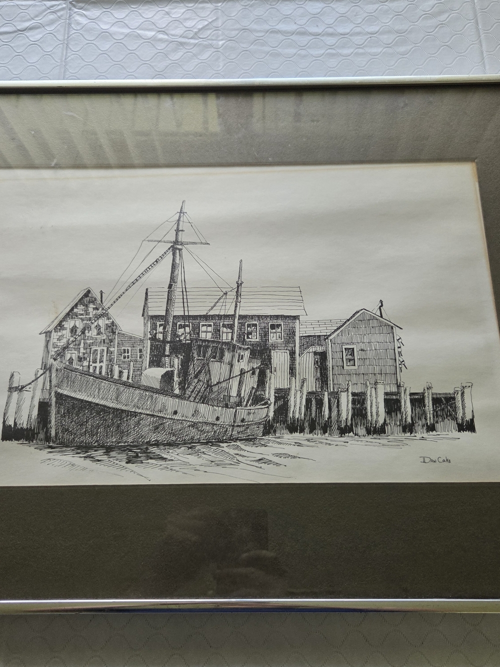 Vintage Signed Dan Cake Pen & Ink Coastal Art Framed 20x24